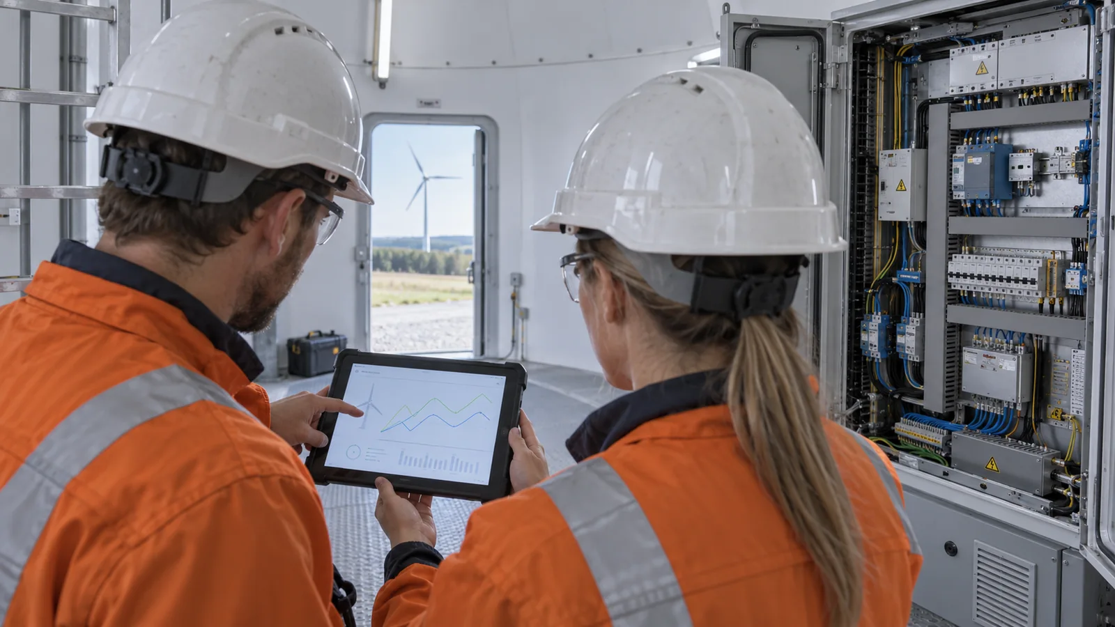 Two technicians reviewing turbine monitoring data on a tablet beside a control cabinet