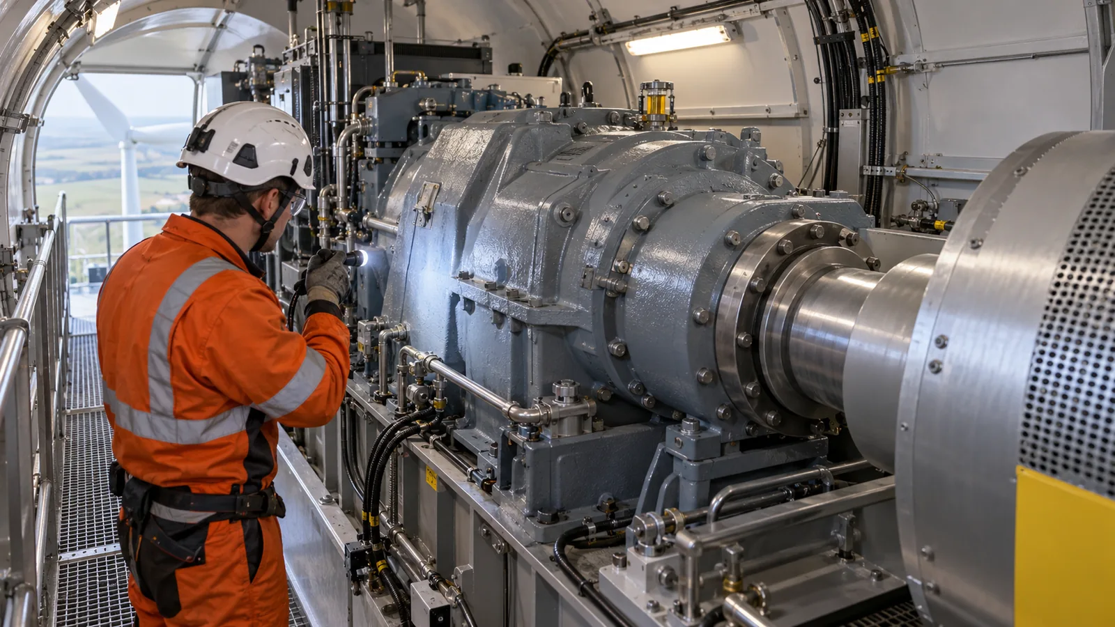 Technician inspecting the gearbox and shaft assembly inside a wind turbine nacelle