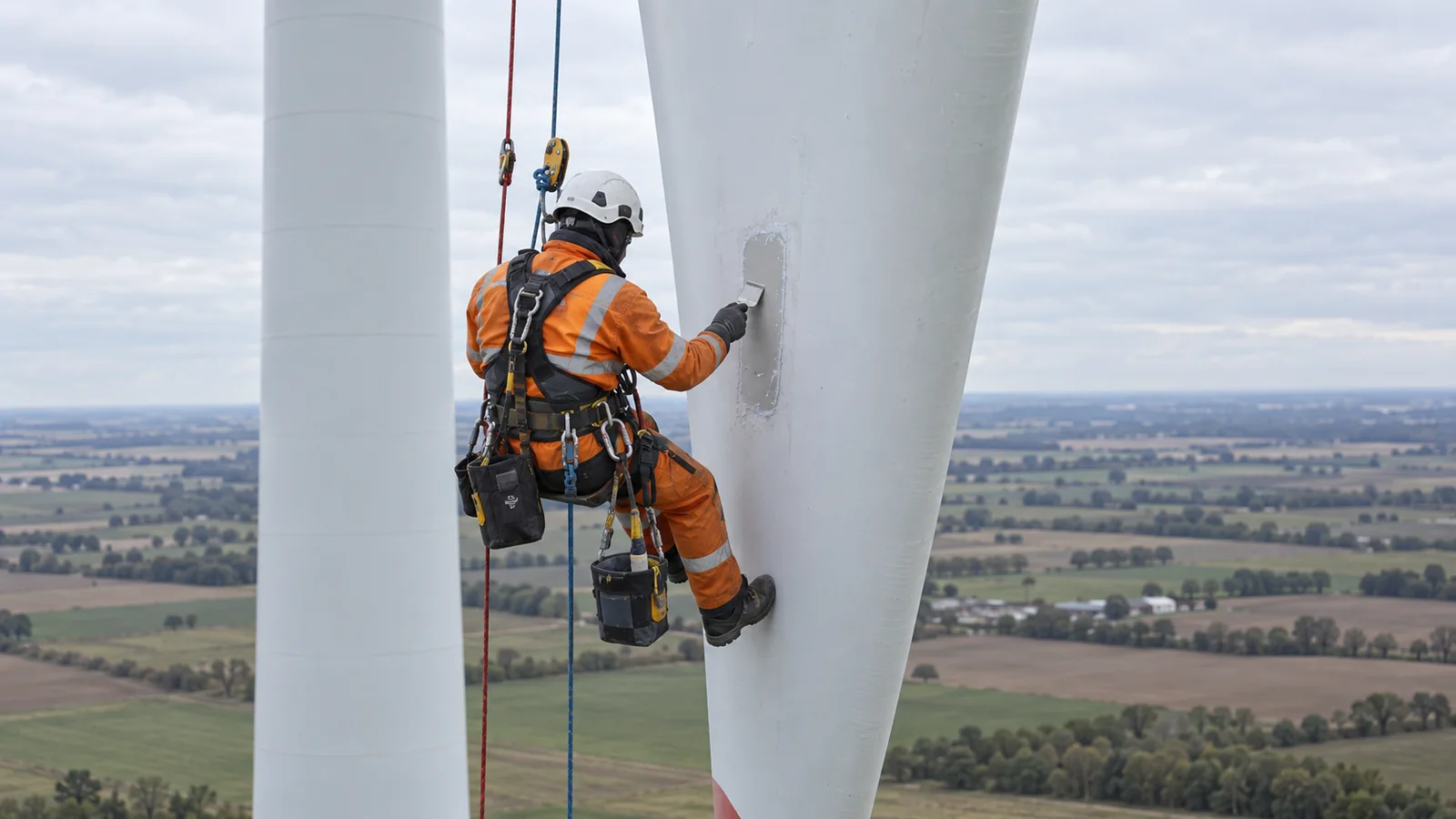 Rope access technician applying repair material to a stationary wind turbine blade