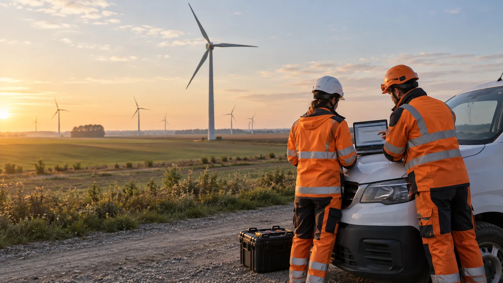Maintenance crew reviewing a laptop beside a service van at an onshore wind farm